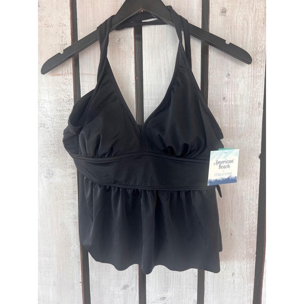 American Beach Maurices Tankini Top Women Large Black New Halter Ruffle 30360564
